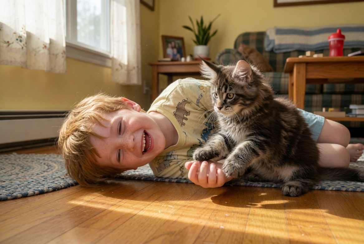 Thor — red tabby Maine Coon kitten with child